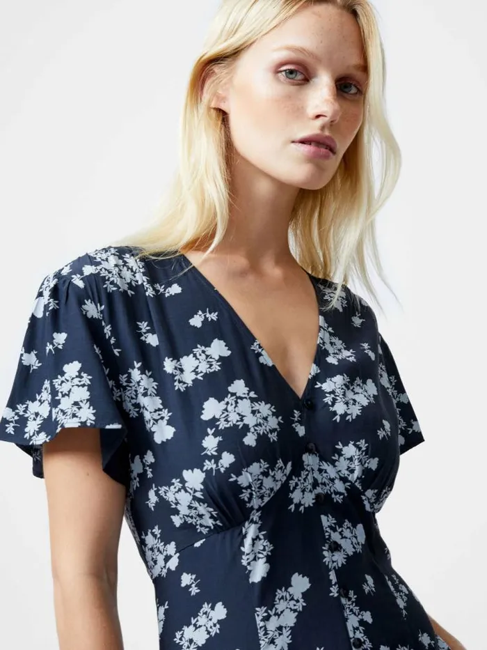 French Connection Raquel Eco Flutter Sleeve VNeck Midi Dress Navy Women Dresses