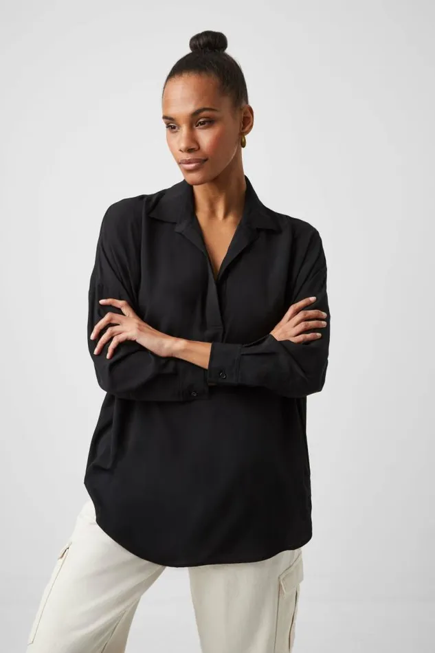 French Connection Rhodes Recycled Crepe Popover Shirt Black Women Tops