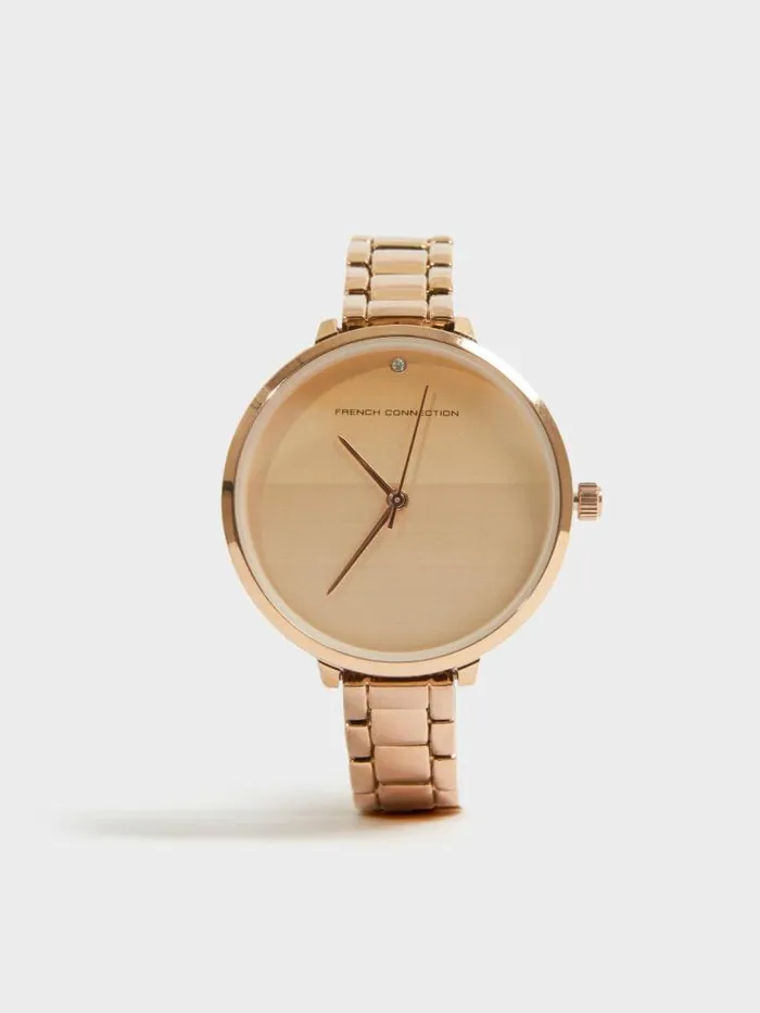 French Connection Rose Gold Tone Bracelet Watch With Rose Gold Dial Rose Gold Women Jewellery