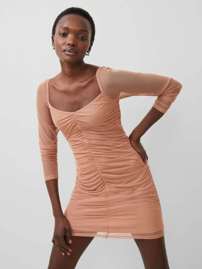 French Connection Toni Mesh Rouched Mini Dress Mocha Mousse Women Dresses