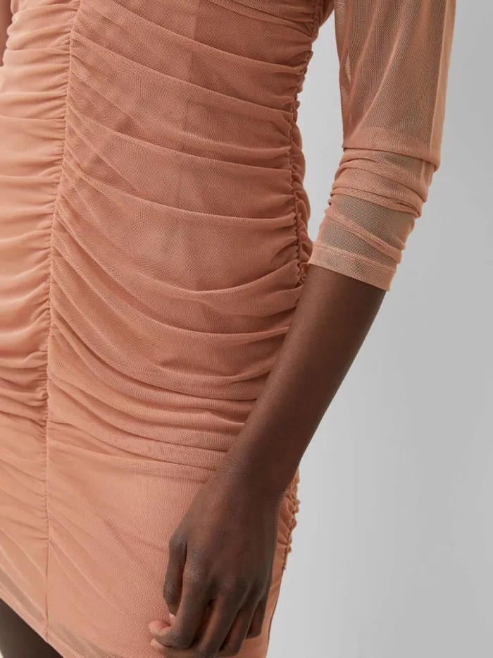 French Connection Toni Mesh Rouched Mini Dress Mocha Mousse Women Dresses