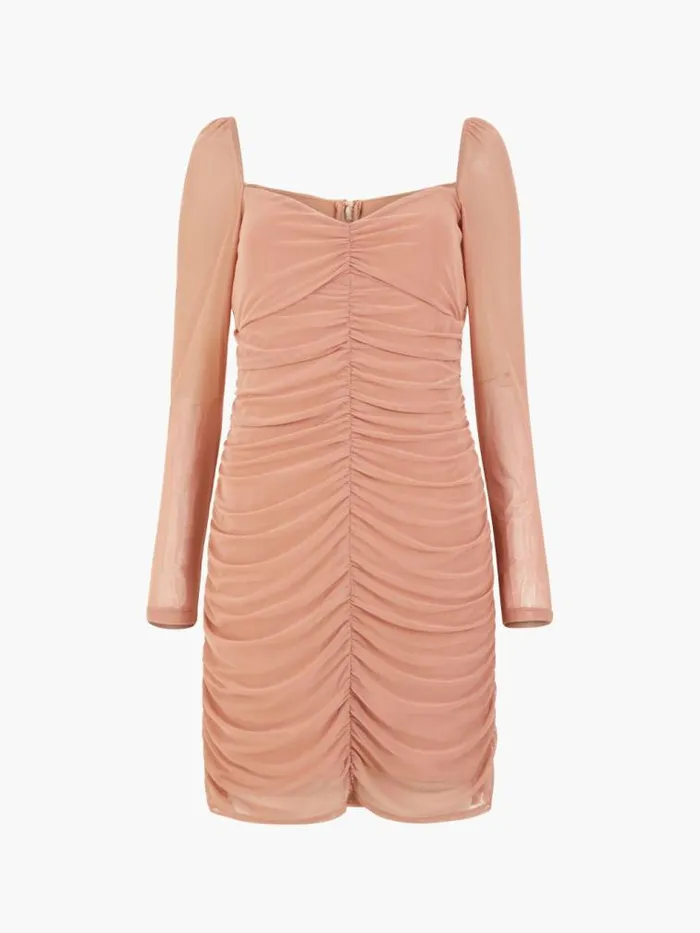 French Connection Toni Mesh Rouched Mini Dress Mocha Mousse Women Dresses