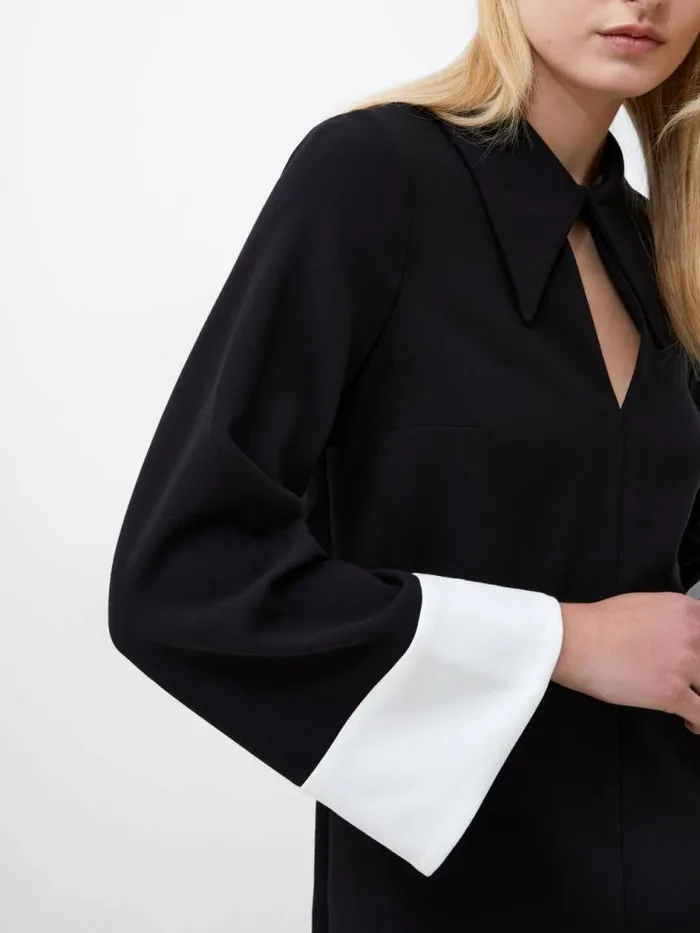 French Connection Whisper Long Sleeve Folded Cuff Mini Dress Blackoutlinen White Women Dresses