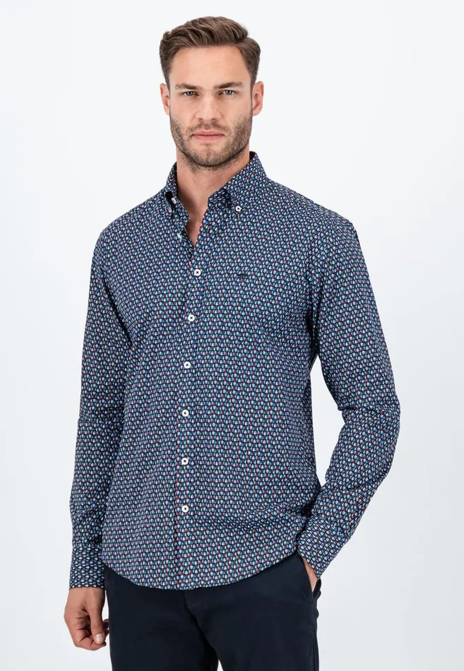 FYNCHHATTON Cotton Shirt With Allover Print Vibrant Bluedark Emeraldnavy Men Shirts