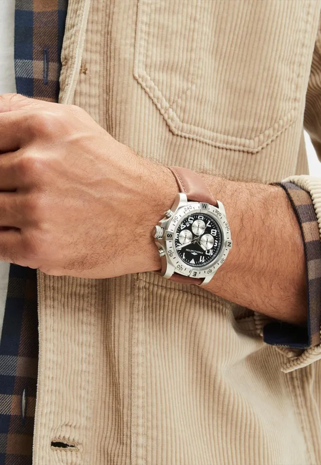 FYNCHHATTON Stainless Steel Wristwatch With Brown Leather Strap Silver Men Watch FYNCHHATTON Stainless Steel Wristwatch With Brown Leather Strap Silver Men Watch