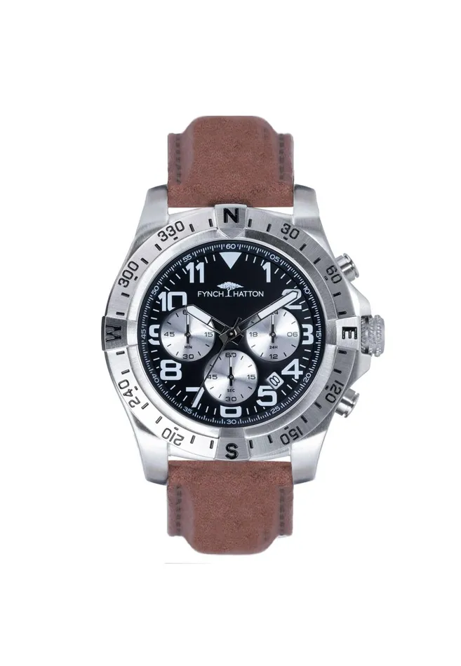 FYNCHHATTON Stainless Steel Wristwatch With Brown Leather Strap Silver Men Watch FYNCHHATTON Stainless Steel Wristwatch With Brown Leather Strap Silver Men Watch
