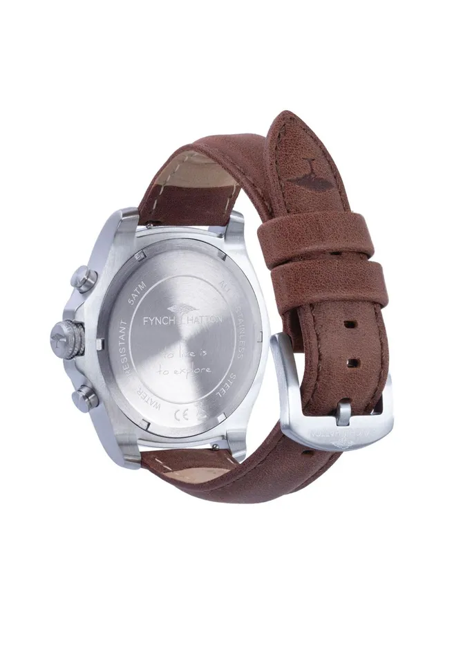 FYNCHHATTON Stainless Steel Wristwatch With Brown Leather Strap Silver Men Watch FYNCHHATTON Stainless Steel Wristwatch With Brown Leather Strap Silver Men Watch
