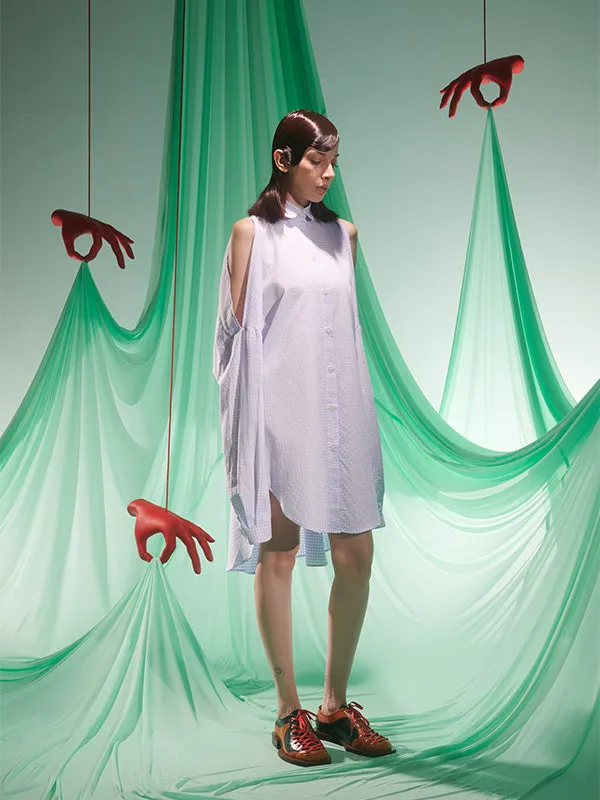Henrik Vibskov Boutique New Bumble Shirtdress 8211 White Blue Grid Women Dresses