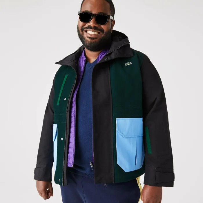 Jackets and Coats Men Lacoste Men039s WaterRepellent Colorblock Twill Jacket Green Black Blue Green Ndn