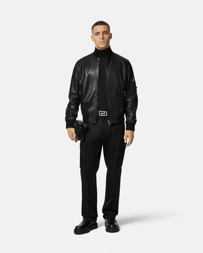 Jackets and Coats Men Versace Leather Bomber Jacket Black