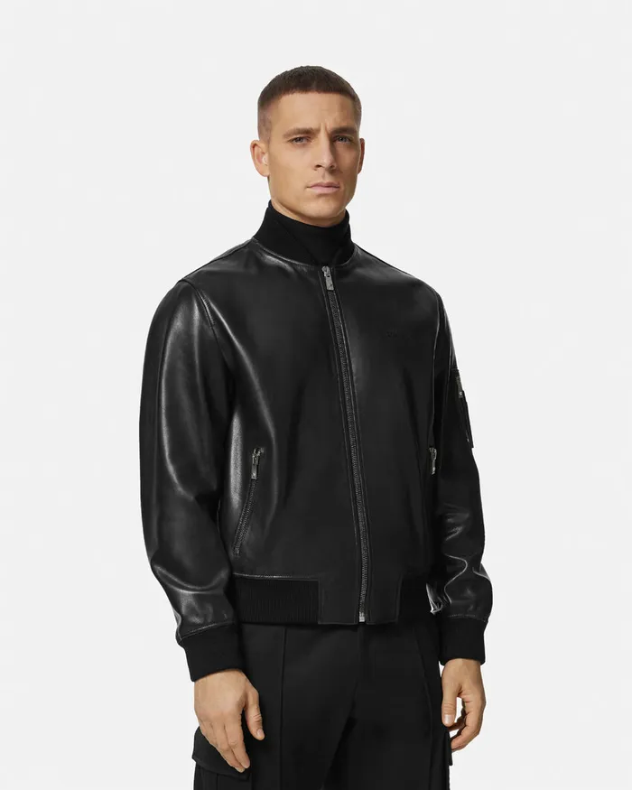 Jackets and Coats Men Versace Leather Bomber Jacket Black