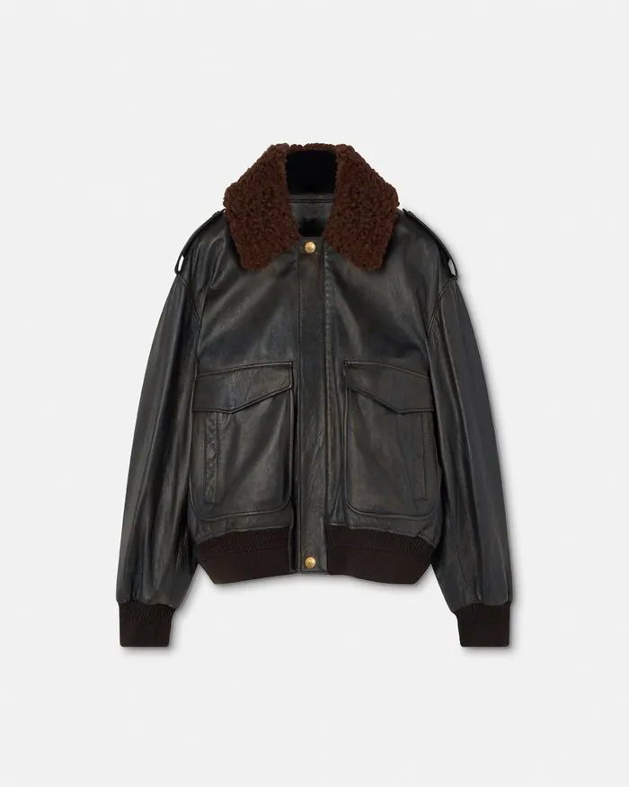 Jackets and Coats Men Versace ShearlingCollar Leather Bomber Jacket Black