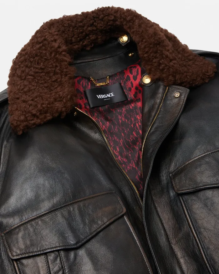 Jackets and Coats Men Versace ShearlingCollar Leather Bomber Jacket Black