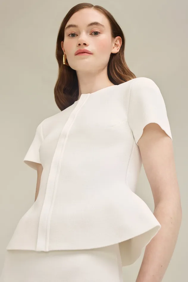 Jackets CREPE KNIT SHORT SLEEVE PEPLUM JACKET WHITE 8211 Scanlan Theodore Women Jackets CREPE KNIT SHORT SLEEVE PEPLUM JACKET WHITE 8211 Scanlan Theodore Women