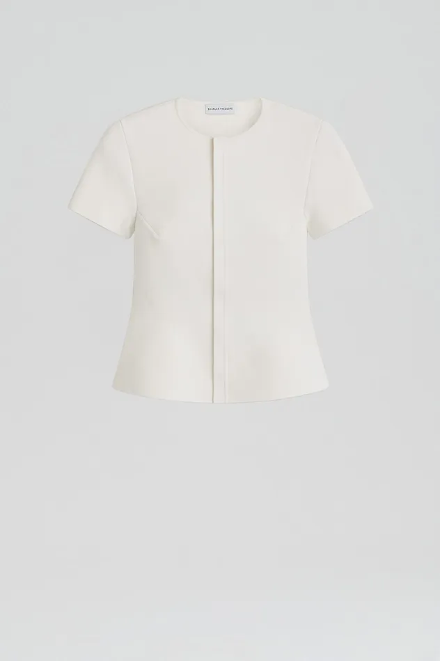 Jackets CREPE KNIT SHORT SLEEVE PEPLUM JACKET WHITE 8211 Scanlan Theodore Women Jackets CREPE KNIT SHORT SLEEVE PEPLUM JACKET WHITE 8211 Scanlan Theodore Women