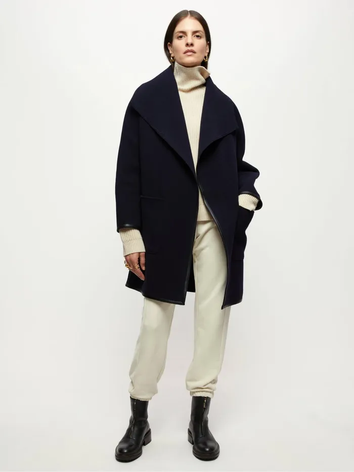 Jigsaw Coats Women Double Face Shawl Wrap Coat Blue