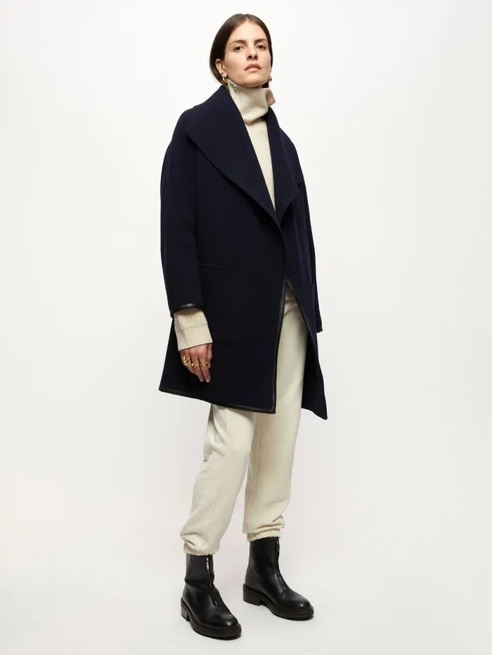 Jigsaw Coats Women Double Face Shawl Wrap Coat Blue