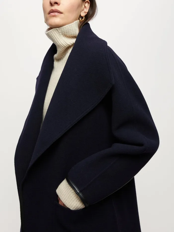 Jigsaw Coats Women Double Face Shawl Wrap Coat Blue
