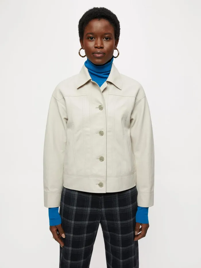 Jigsaw Jackets Women Cropped Leather Jacket Cream