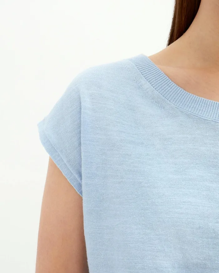 Jigsaw Knitwear and Cashmere Women Linen Cotton Knit Tshirt Blue
