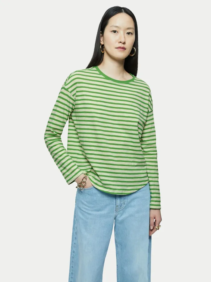 Jigsaw Tshirts Women Cotton Slub Stripe Long Sleeve Tee Green