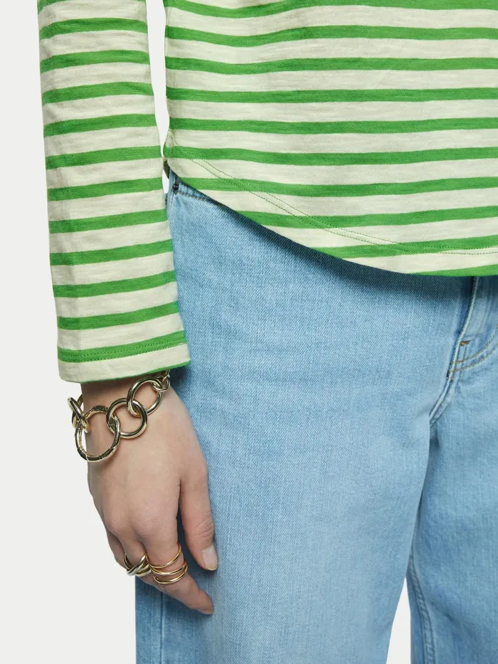 Jigsaw Tshirts Women Cotton Slub Stripe Long Sleeve Tee Green