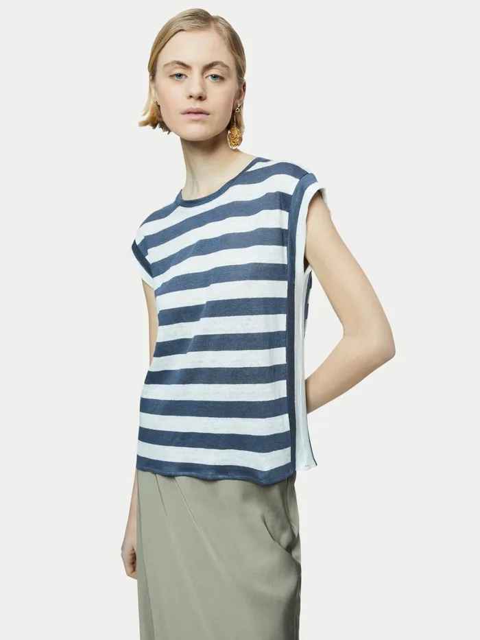 Jigsaw Tshirts Women Linen Bold Stripe Short Sleeve Tee Grey