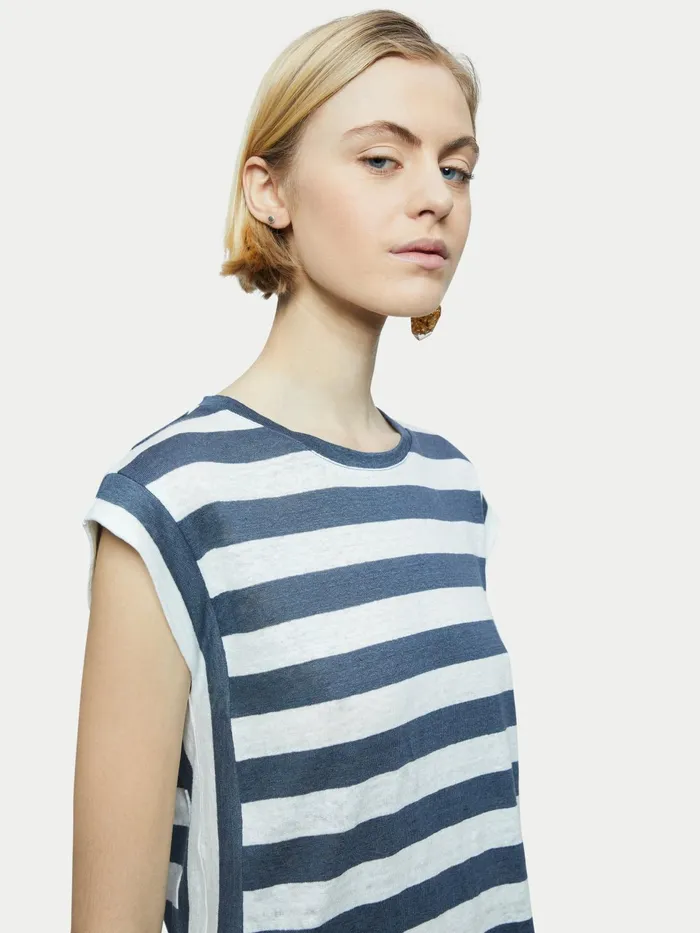 Jigsaw Tshirts Women Linen Bold Stripe Short Sleeve Tee Grey