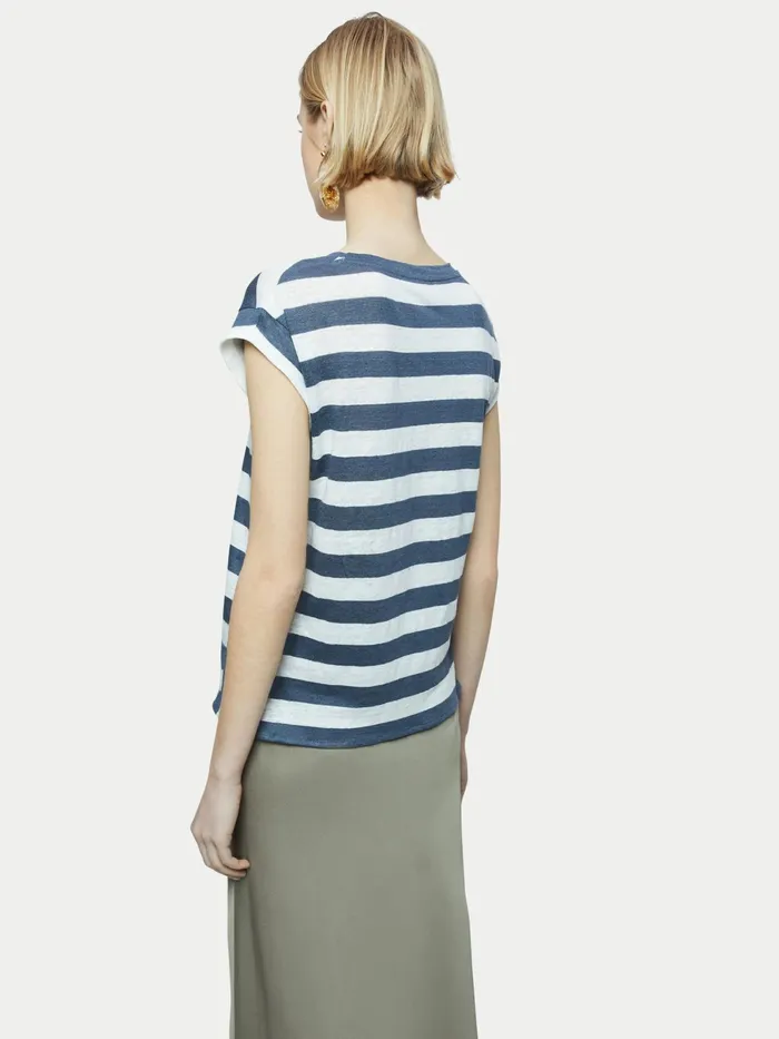 Jigsaw Tshirts Women Linen Bold Stripe Short Sleeve Tee Grey