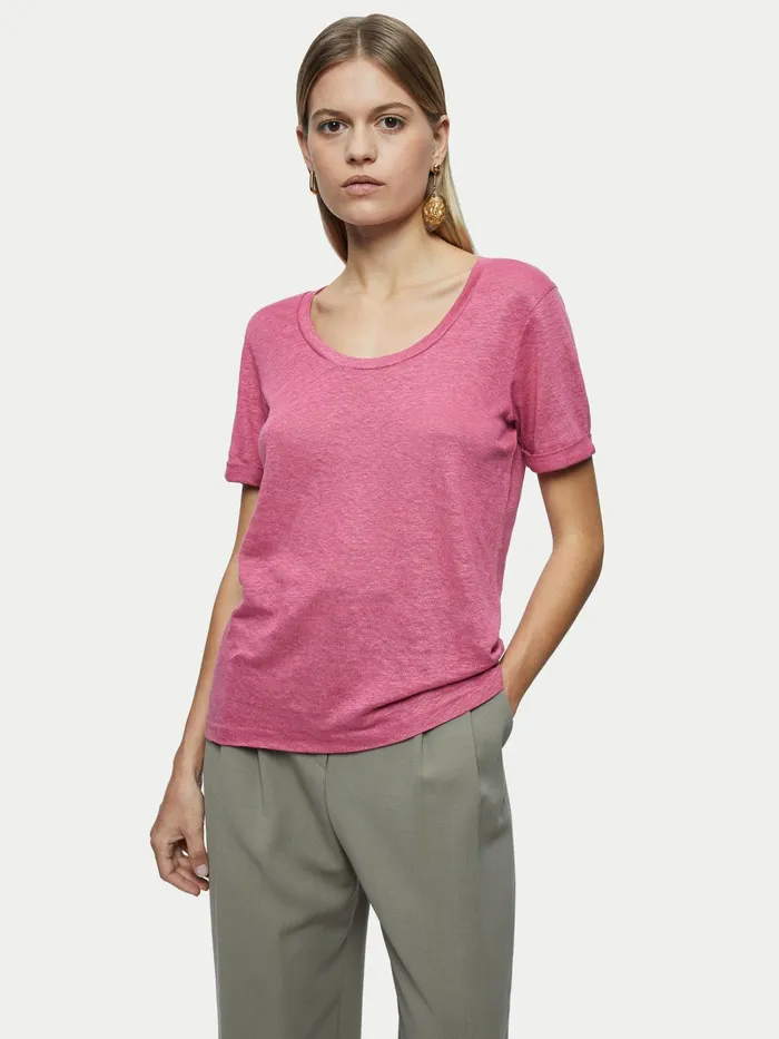 Jigsaw Tshirts Women Linen Scoop Rolled Sleeve Tee Pink
