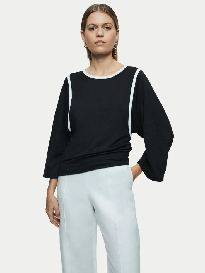 Jigsaw Tops Women Linen Contrast Band Top Black