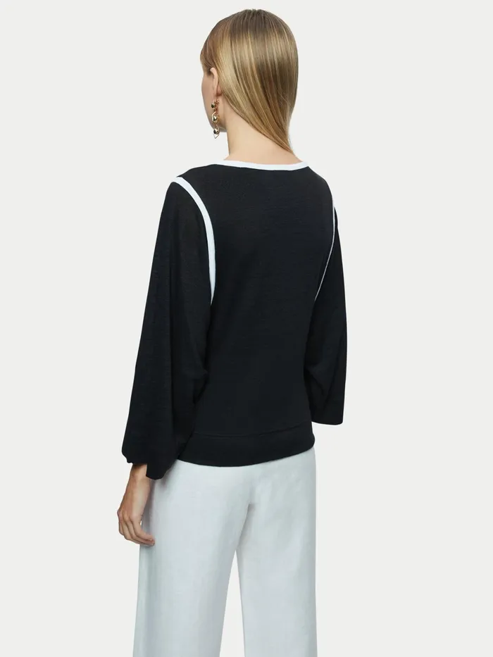 Jigsaw Tops Women Linen Contrast Band Top Black