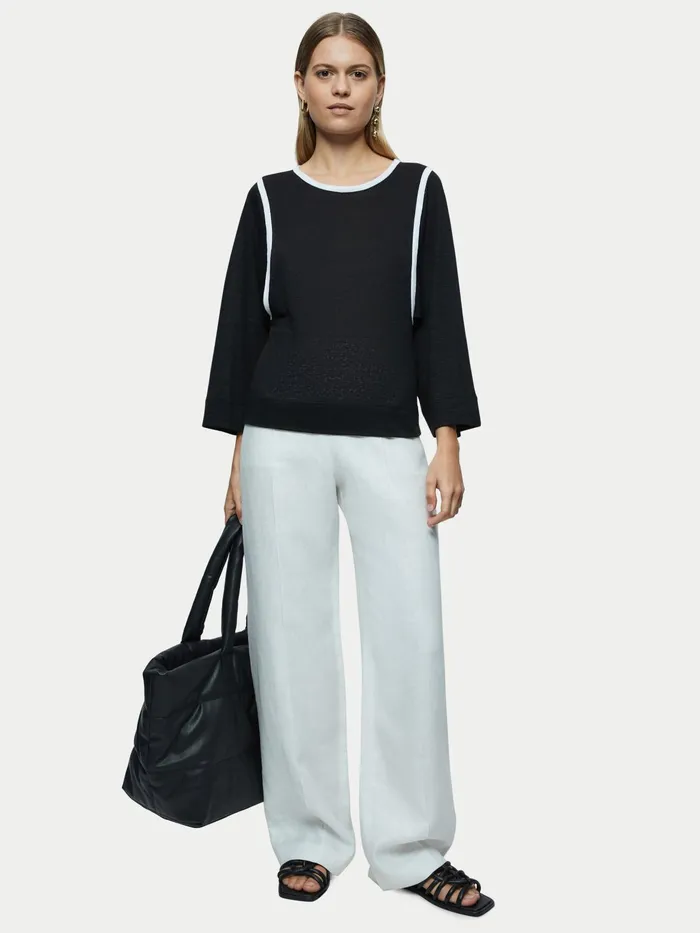 Jigsaw Tops Women Linen Contrast Band Top Black