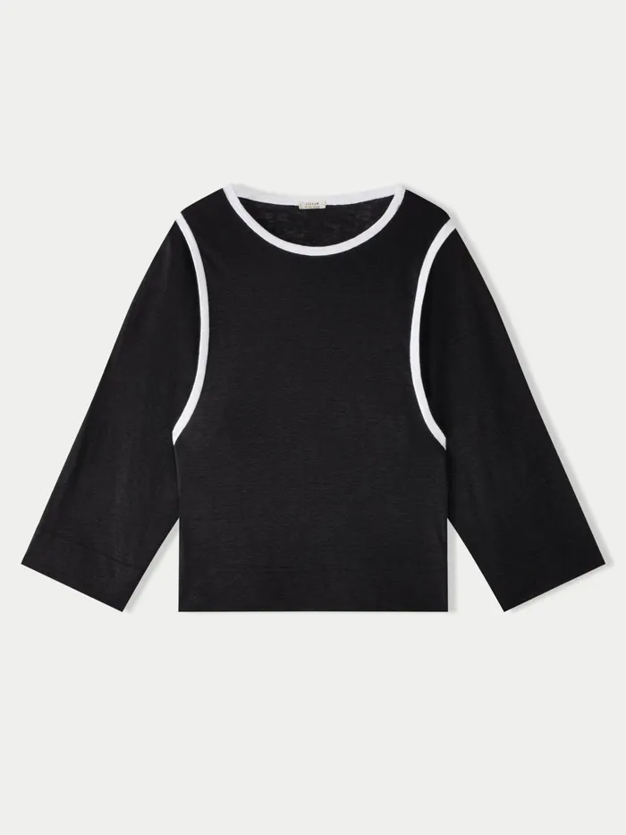 Jigsaw Tops Women Linen Contrast Band Top Black