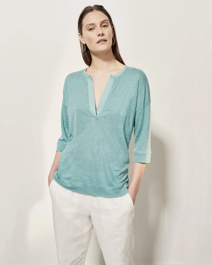 Jigsaw Tops Women Linen Open Placket Top Blue