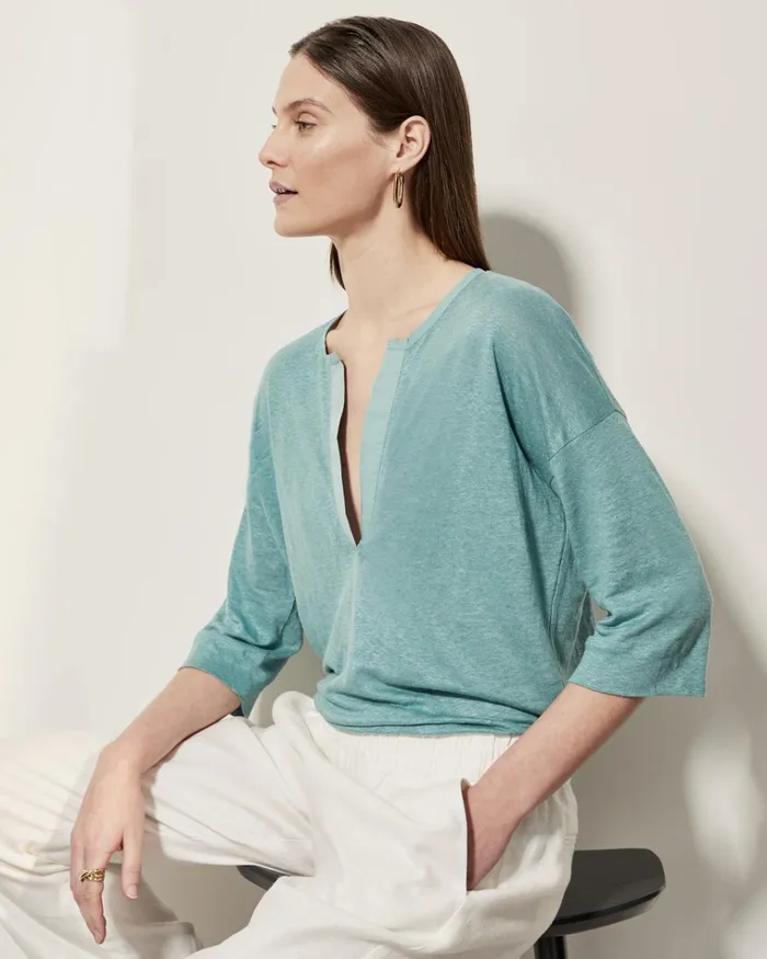 Jigsaw Tops Women Linen Open Placket Top Blue