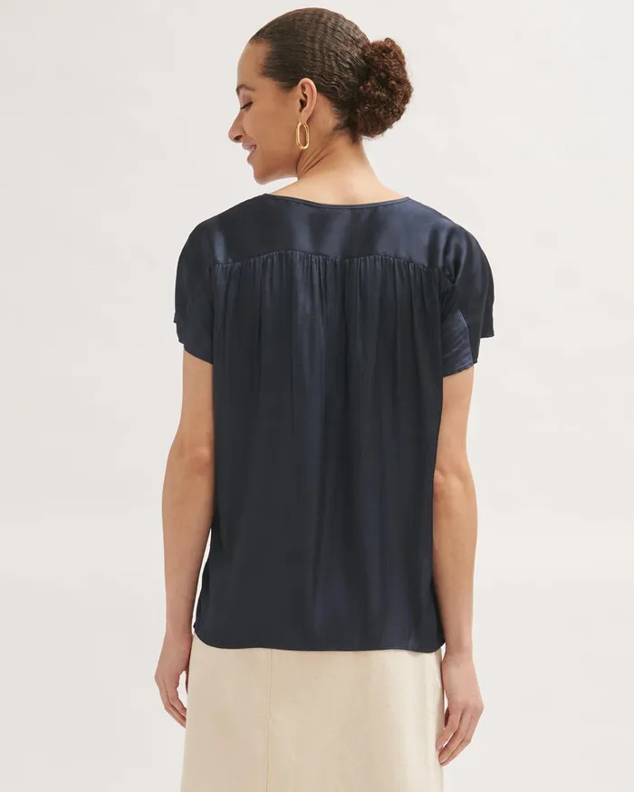 Jigsaw Tops Women Satin Kimono Sleeve Top Blue