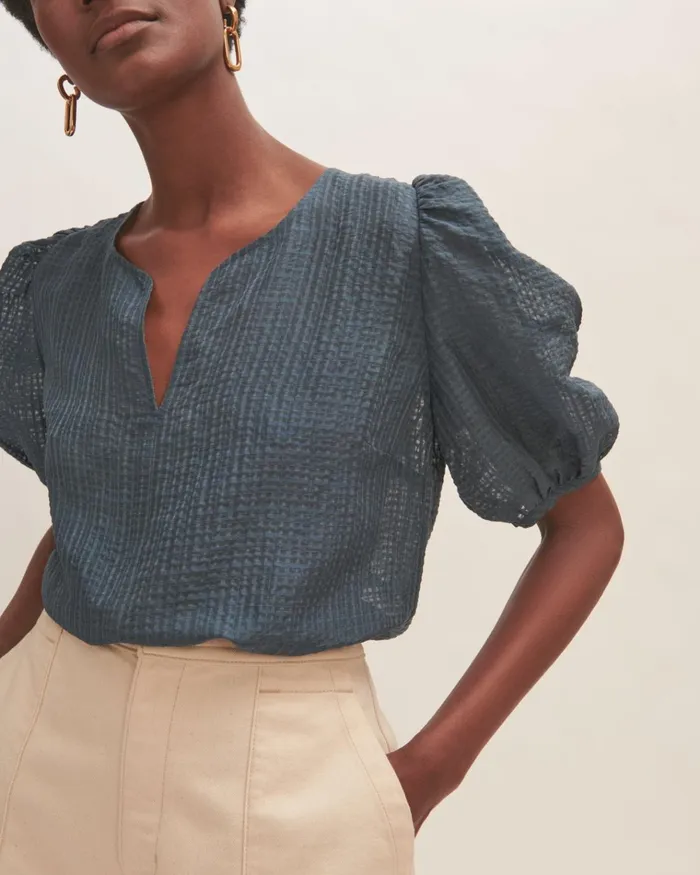 Jigsaw Tops Women Silk Linen Checked Top Blue