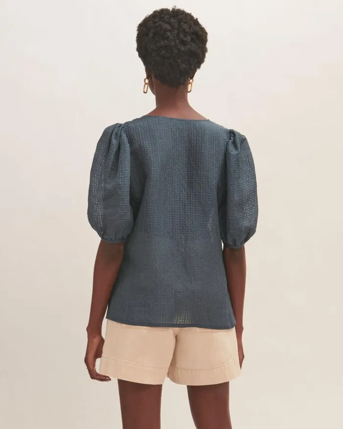 Jigsaw Tops Women Silk Linen Checked Top Blue