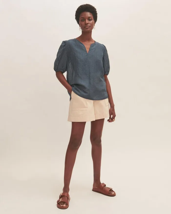 Jigsaw Tops Women Silk Linen Checked Top Blue
