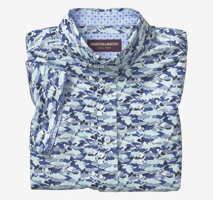 Johnston and Murphy Boys ShortSleeve Printed Shirt Blue Hidden Shark Boys Shirts