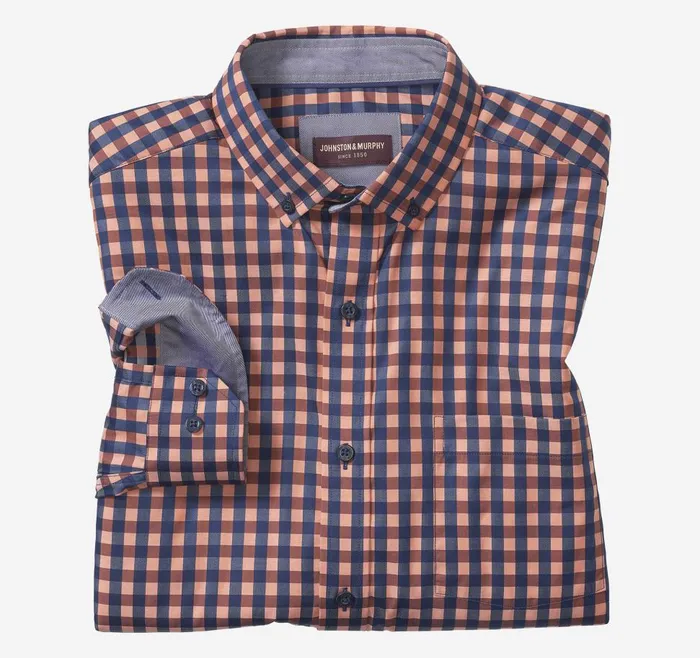Johnston and Murphy ButtonCollar Premium Cotton Shirt Rustnavy Dark Twill Gingham Men Shirts