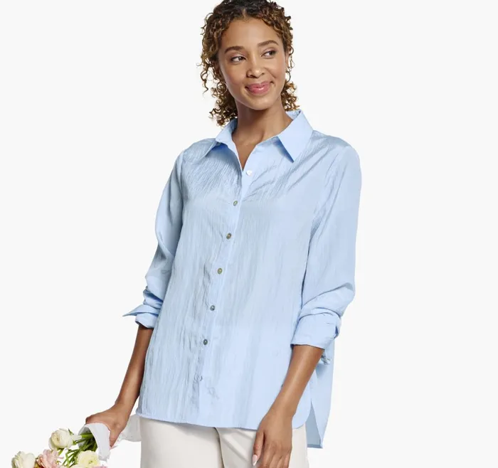 Johnston and Murphy Crinkle ButtonFront Shirt Light Blue Women Shirts Sweaters and Blazers