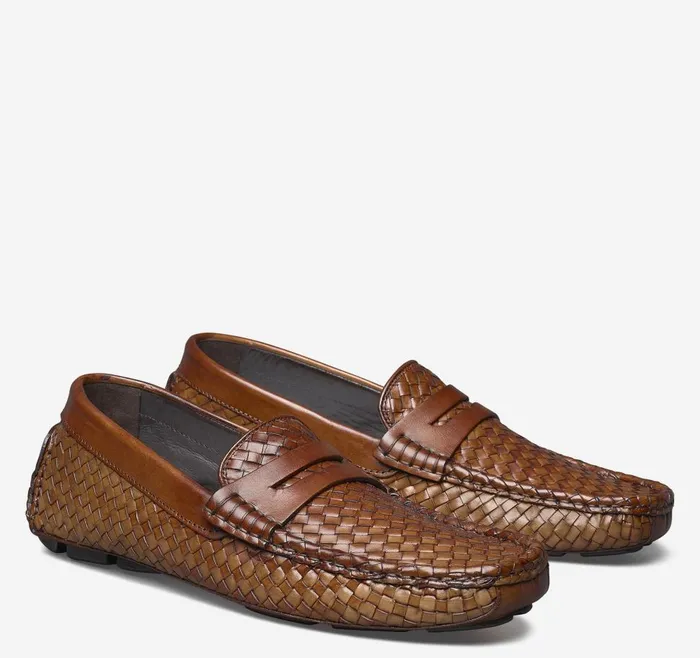 Johnston and Murphy Dayton Woven Penny Brown Italian Calfskin Men SlipOns