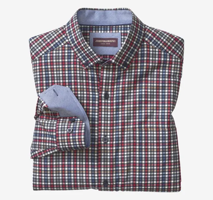 Johnston and Murphy LongSleeve Twill Checked Shirt Berryblue Outlined Check Men Shirts