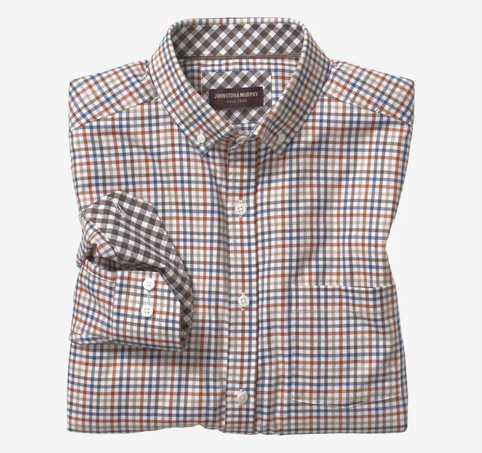 Johnston and Murphy LongSleeve Twill Checked Shirt Orangeblue Layered Plaid Men Shirts