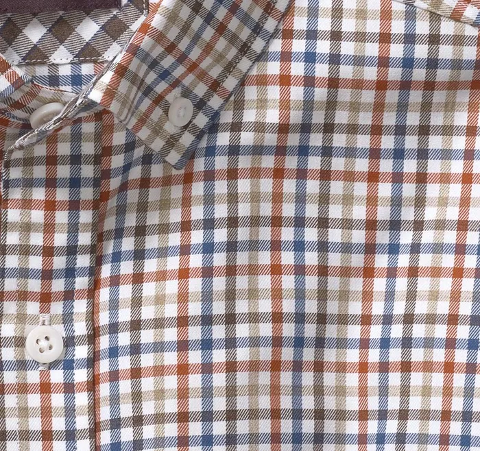Johnston and Murphy LongSleeve Twill Checked Shirt Orangeblue Layered Plaid Men Shirts