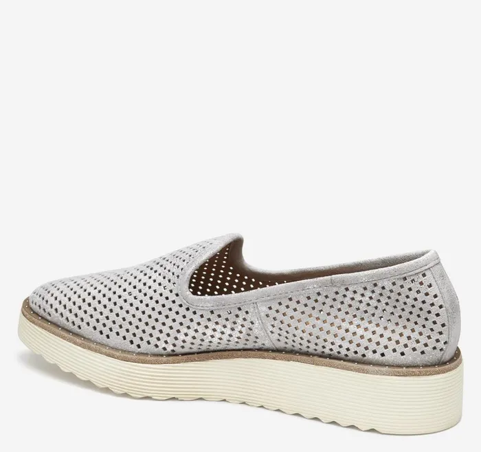 Johnston and Murphy Mitzi Perfed Venetian Light Silver Metallic Kid Suede Women Mules and Loafers Johnston and Murphy Mitzi Perfed Venetian Light Silver Metallic Kid Suede Women Mules and Loafers