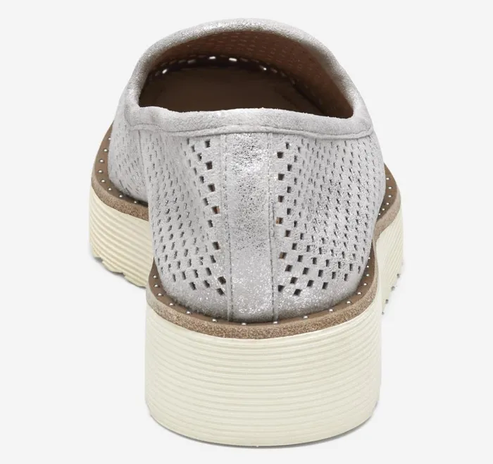 Johnston and Murphy Mitzi Perfed Venetian Light Silver Metallic Kid Suede Women Mules and Loafers Johnston and Murphy Mitzi Perfed Venetian Light Silver Metallic Kid Suede Women Mules and Loafers