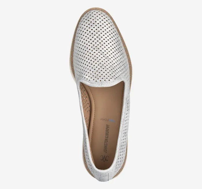 Johnston and Murphy Mitzi Perfed Venetian Light Silver Metallic Kid Suede Women Mules and Loafers Johnston and Murphy Mitzi Perfed Venetian Light Silver Metallic Kid Suede Women Mules and Loafers